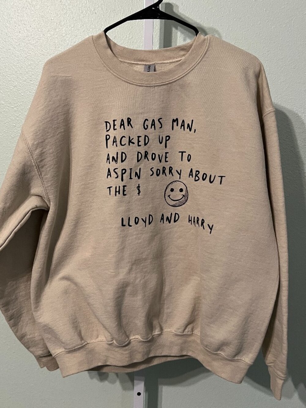 Dumb & Dumber 100% Cotton "Dear Gas Man..." Beige Fleece Sweatshirt SZ Lrg
